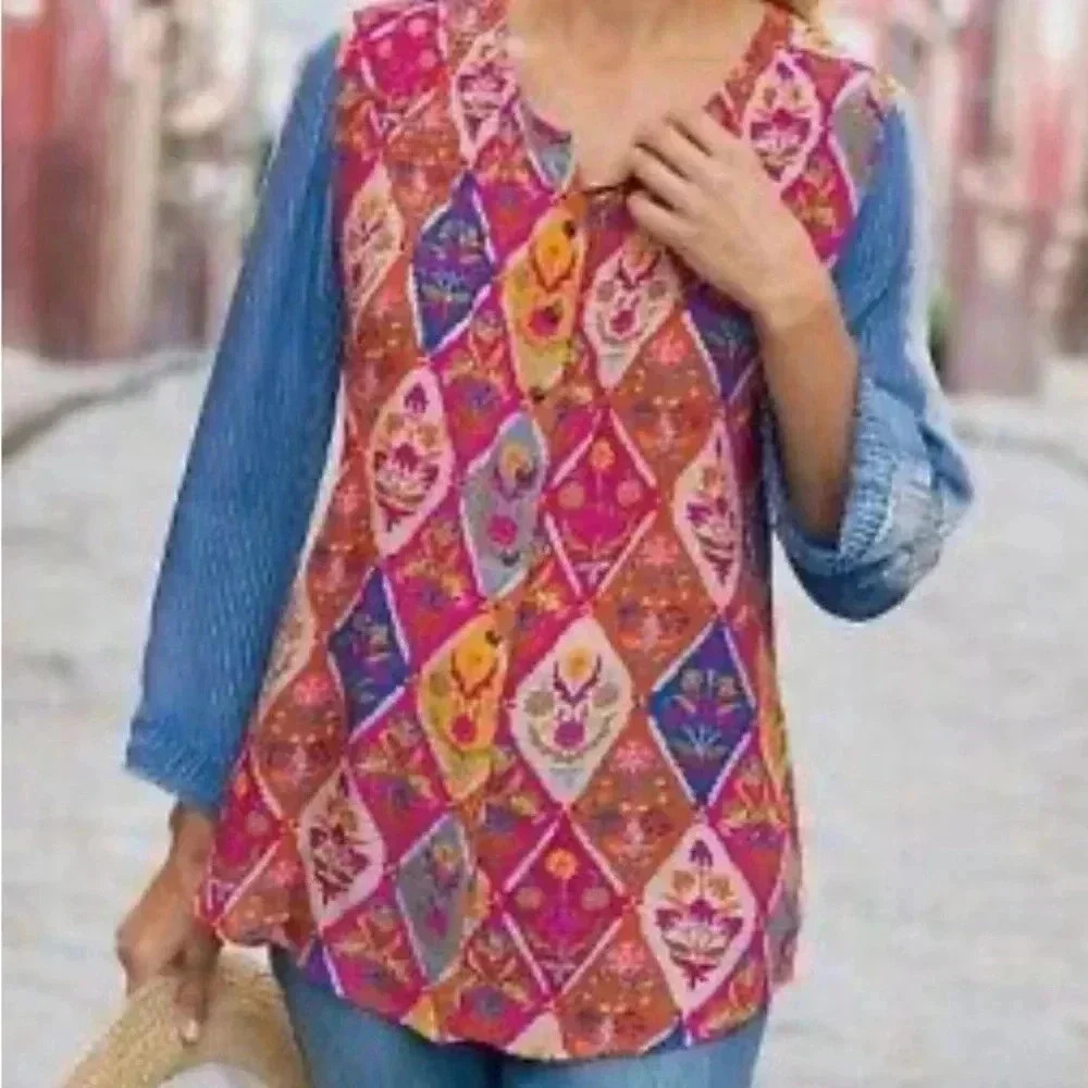 Soft Surroundings Boho Mix Floral Print Button Down Shirt Diamond Lightweight